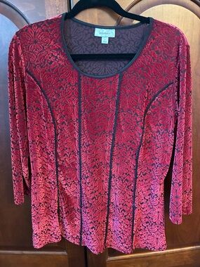 Whimsigoth Y2K Dressbarn Red Velvet Burnout Top Vamp Damask Romantic Coquette L